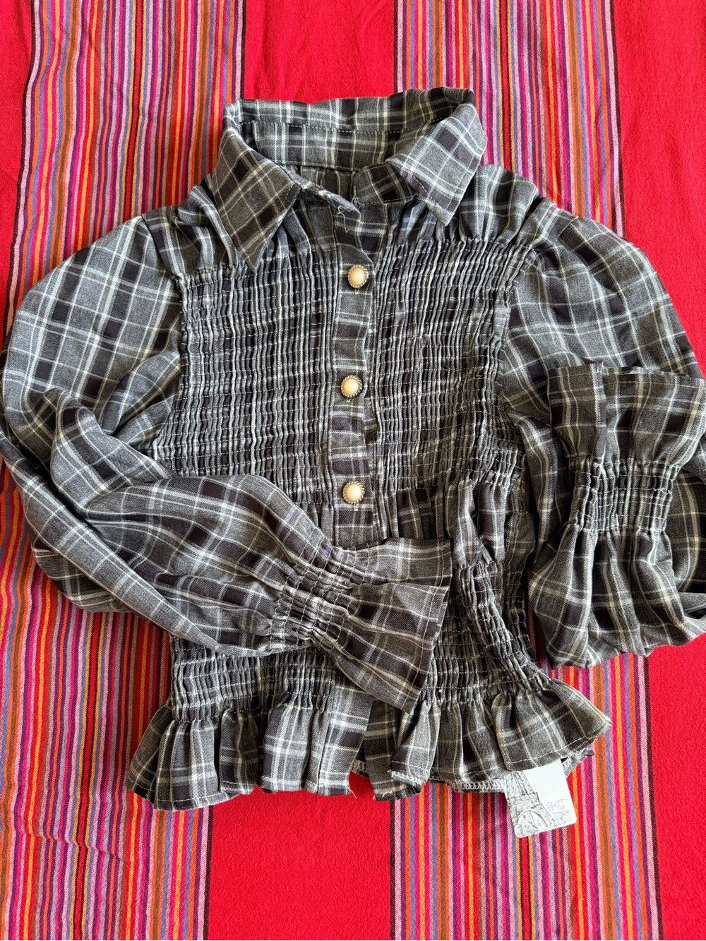 Girls Gray Plaid Smocked Button-Front Top